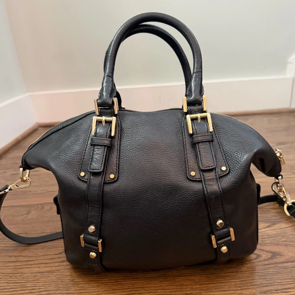Michael Kors Black Leather Bedford Satchel Shoulder Bag Gold Hardware
